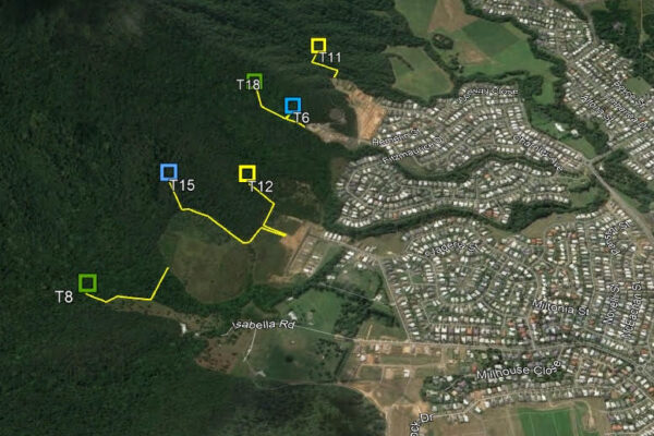 Rainforest transect 1 sites, Bentley Park
Key: 
Yellow—treated/yellow crazy ants present
Blue buffer area—treated/no yellow crazy ants present  
Green—no treatment/no yellow crazy ants present
Note: Yellow lines are walking tracks